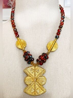 Vintage Akan-style West African glass bead statement necklace, Stunning Pendant